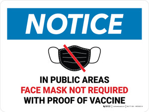 Notice: Face Mask Not Required with Proof of Vaccine In Public Areas with Icon Landscape - Wall Sign