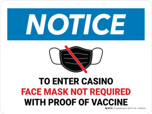 Notice: Face Mask Not Required with Proof of Vaccine To Enter Casino with Icon Landscape - Wall Sign