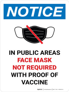 Notice: Face Mask Not Required with Proof of Vaccine In Public Areas with Icon Portrait - Wall Sign