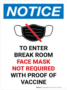 Notice: Face Mask Not Required with Proof of Vaccine To Enter Break Room with Icon Portrait - Wall Sign