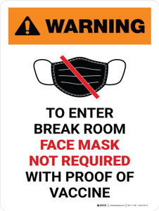 Warning: Face Mask Not Required with Proof of Vaccine To Enter Break Room with Icon Portrait - Wall Sign