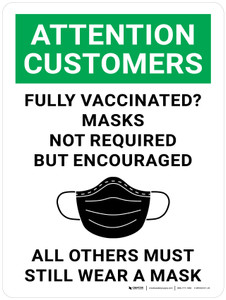 Attention: Customers Fully Vaccinated Masks Not Required But Encouraged All Others Must Still Wear A Mask With Icon - Wall Sign