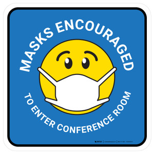 Masks Encouraged To Enter Conference Room Blue With Emoticon Rectangular - Floor Sign