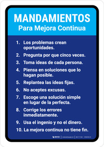 Commandments for Continuous Improvement Spanish Portrait - Wall Sign