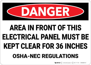 Danger: Area in Front of Electrical Panel Kept Clear NEC Regulations - Wall Sign