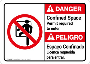 Danger: Confined Space Permit Required To Enter Bilingual Spanish - Wall Sign
