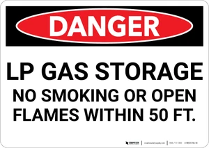Danger: LP Gas Storage No Smoking or Open Flames Within 50 Ft - Wall Sign