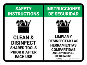 Safety Instructions: Clean & Disinfect Shared Tools Bilingual Spanish Landscape - Wall Sign
