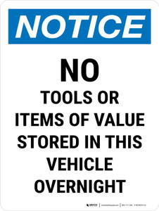Notice: No Tools Or Items Stored In Portrait - Wall Sign