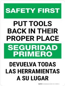 Safety First: Put Tools Back In Their Proper Place Bilingual Spanish Portrait - Wall Sign