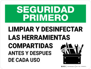 Safety First: Clean & Disinfect Shared Tools Spanish Landscape - Wall Sign