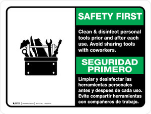 Safety First: Clean & Disinfect Personal Tools V2 Bilingual Spanish Landscape - Wall Sign