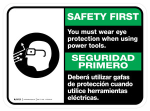 Safety First: You Must Wear Eye Protection Bilingual Spanish Rectangular With Icon - Floor Sign