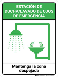 Ducha de Emergencia - Estación de Lavado de Ojos - Ducha Lavaojos Mantenga Despejado Estación de Ducha y Lavaojos Icono Vertical - Wall Sign
