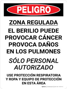 Peligro - Área Regulada por el Cáncer de Berilio Vertical - Wall Sign