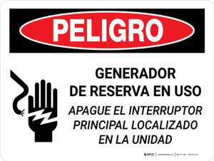 Peligro - Generador de Reserva en uso Apague el Interruptor Principal Horizontal - Wall Sign