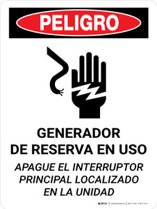 Peligro - Generador de Reserva en uso Apague el Interruptor Principal Vertical - Wall Sign