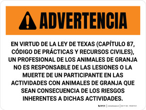 Advertencia - El Profesional de los Animales de Granja de Texas no es Eesponsable Horizontal - Wall Sign