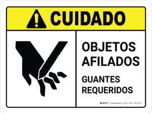 Cuidado - Objetos punzantes Guantes requeridos con icono ANSI Horizontal - Wall Sign