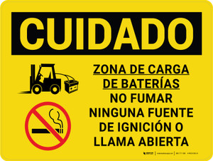 Cuidado - Zona de Carga de Baterías Montacargas No fumar Llama Abierta Horizontal - Wall Sign