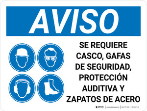 Aviso - Casco de seguridad Gafas de Protección Auditiva Zapatos de Punta de Acero Requeridos Horizontal con Icono - Wall Sign