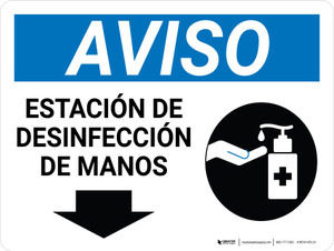 Aviso - Estación de desinfección de manos Flecha Hacia Abajo con Retrato de Icono Horizontal - Wall Sign