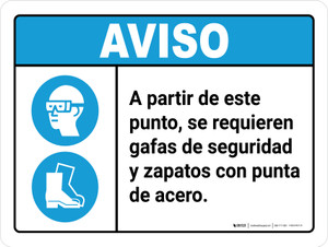 Aviso - Gafas de Seguridad Zapatos de Punta de Acero Requeridos Horizontal - Wall Sign