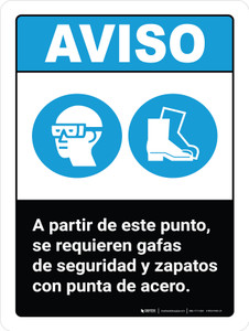 Aviso - Gafas de Seguridad Zapatos de Punta de Acero Requeridos Vertical - Wall Sign
