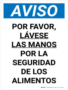 Aviso - Por favor, Lávese las Manos para la Seguridad de los Alimentos Vertical - Wall Sign