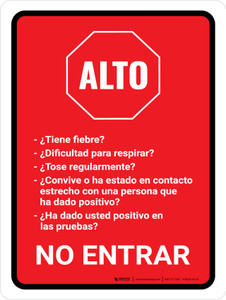 Alto No Entrar COVID-19 Preguntas de Detección con Icono Rojo Vertical - Wall Sign