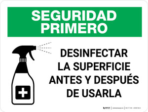 Seguridad Primero - Desinfectar la Superficie Antes y Después de Usarla con Icono Horizontal - Wall Sign