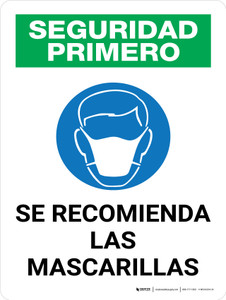 Seguridad Primero - Se Recomiendan las Mascarillas con Icono Vertical - Wall Sign