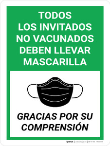 Todos los Invitados no Vacunados Deben Llevar Mascarilla - Gracias por su Comprensión Verde Vertical - Wall Sign