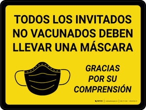 Todos los Invitados no Vacunados deben Llevar una Mascarilla - Gracias con Icono - Wall Sign