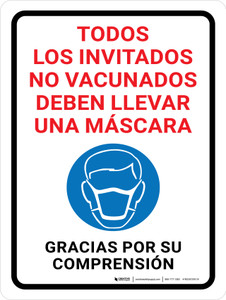 Todos los Invitados no Vacunados deben Llevar una Mascarilla - Gracias con Icono Vertical - Wall Sign