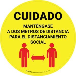 Cuidado - Manténgase a Dos Metros de Distancia - Amarillo Circular - Floor Sign
