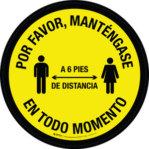 Por Favor, Manténgase a 6 Pies de Distancia en Todo Momento con el Borde Negro del Icono - Circular - Floor Sign
