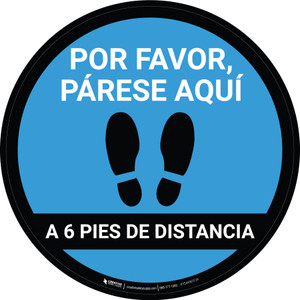 Por Favor, Párese Aquí a 6 Pies de Distancia Huellas de Zapato Azul Circular - Floor Sign