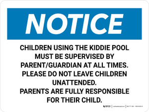 Notice: Children Using The Kiddie Pool Must Be Supervised Landscape - Wall Sign