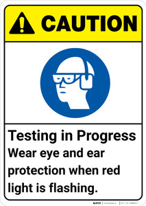 Caution: Testing In Progress Wear Eye Ear Protection ANSI - Wall Sign