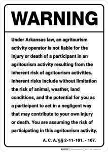 Warning: Arkansas Agritourism Liability AR - Wall Sign