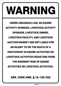 Warning: Arkansas Equine Liability AR - Wall Sign