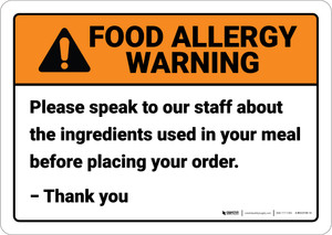 Warning: Speak To Staff About Ingredients Allergy - Wall Sign