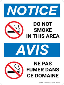 Notice: Ne Pas Fumer Dans Cette Zone Interdite (Notice: Do Not Smoke In This Area Prohibited Bilingual) French Portrait - Wall Sign