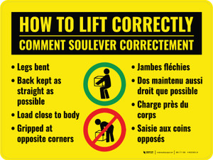 Comment Soulever Correctement (How to Lift Correctly Bilingual) Landscape French - Wall Sign