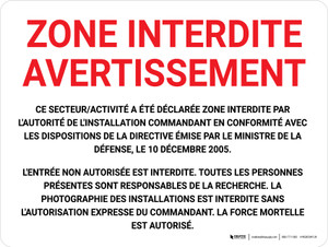 Zone Interdite Avertissement (Restricted Area Warning) Landscape French - Wall Sign