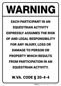 Warning: West Virginia Equine Liability WV - Wall Sign