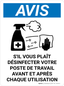 Avis: Veuillez Désinfecter Votre ordinateur (Notice: Please Disinfect Your Workstation) Portrait French - Wall Sign