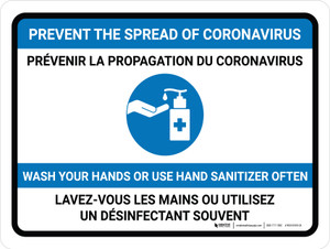 Prévenir les Coronavirus Lavez-vous les Mains Ou Utilisez un Désinfectant (Prevent Coronavirus - Wash Your Hands Or Use Hand Sanitizer Bilingual) Landscape French - Wall Sign