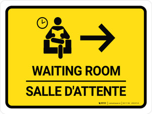 Salle D'Attente Avec Le Bouton Droit De La Flèche Jaune (Waiting Room With Right Arrow Yellow Bilingual) Landscape French - Wall Sign